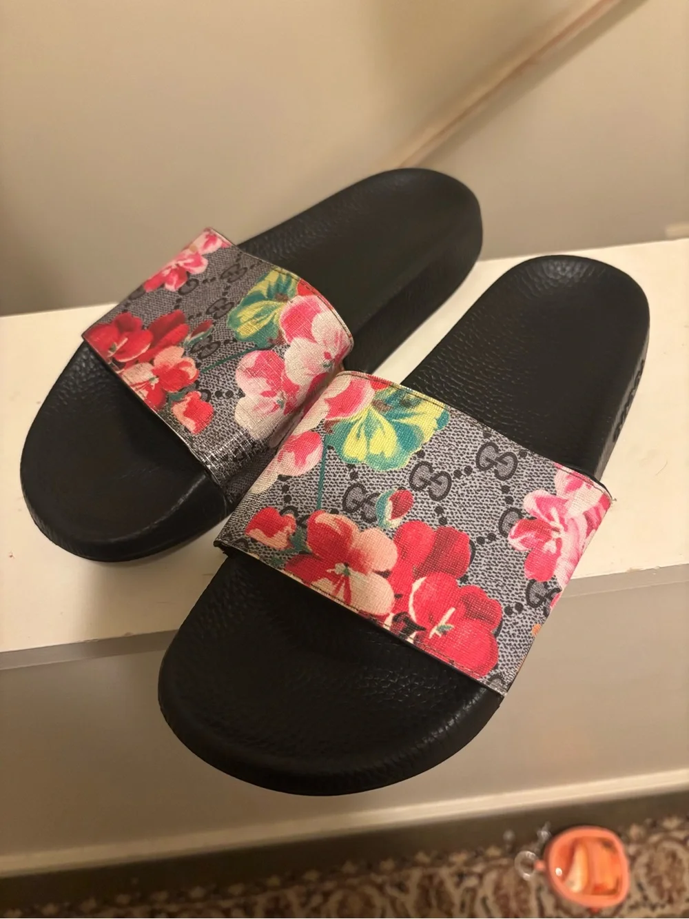 Gucci Black Slide Sandals with Floral Canvas Strap
